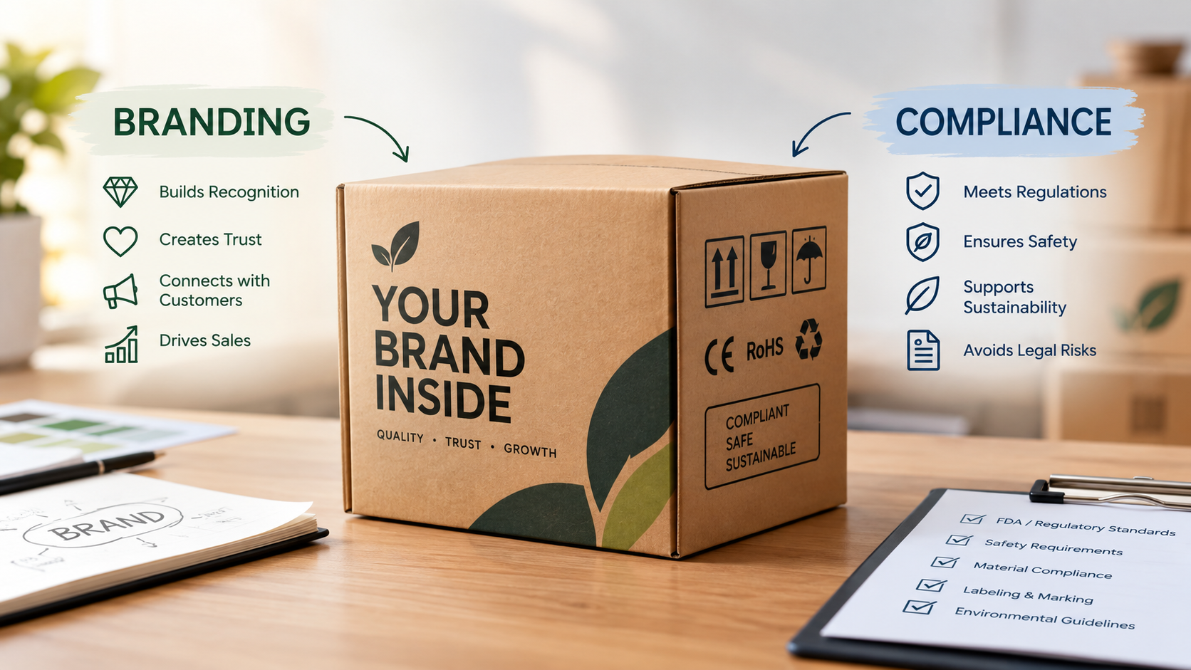Branded packaging box highlighting the balance between branding and compliance requirements